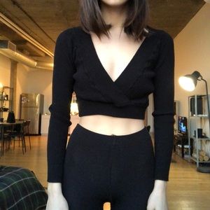 Forever 21 Deep Plunge Black Sweater Crop Top